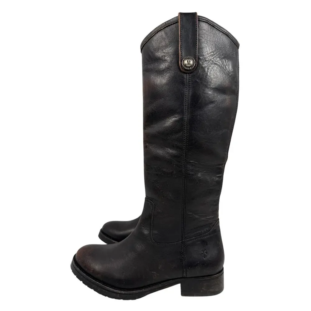 Frye Melissa Double Sole Button Lug Tall Boot Womens 6.5 M Black Antique Leather